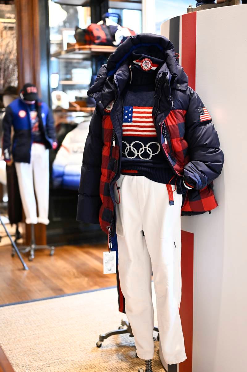 A Team USA Beijing Winter Olympics closing ceremony uniform designed by Ralph Lauren in New York.  Invision / AP