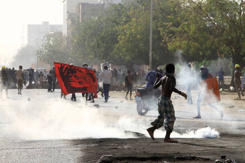 Sudanese riot police fire teargas at anti-military protesters in Khartoum on February 8. AFP