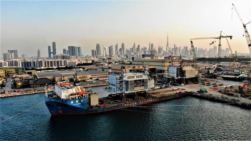 The Hollandse Kust Zuid Beta electrical platform, assembled in the UAE, ready for sail-out from Drydocks World. Photo: Petrofac