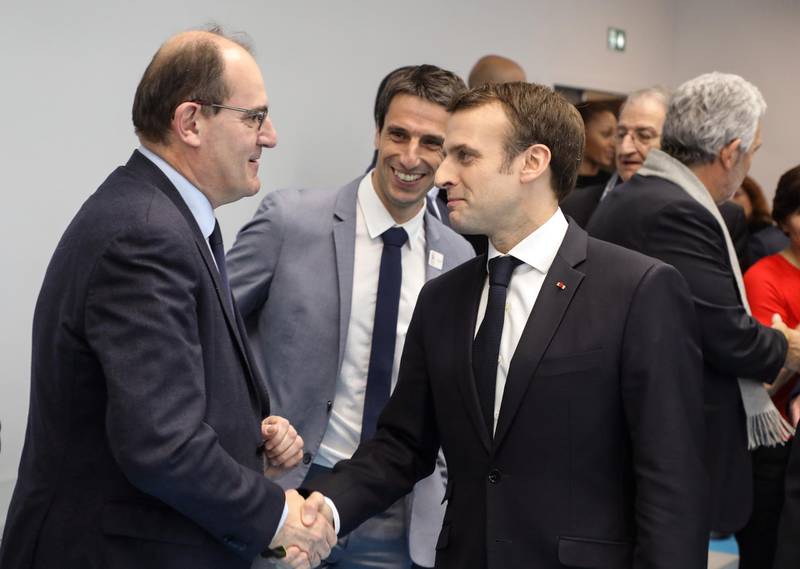 epa08524597 (FILE) - French President Emmanuel Macron (R) shakes hands with Interministerial Delegate for the Olympic and Paralympic Games 2024 Jean Castex (L) during the inauguration a new handball stadium in Creteil, on the outskirts of Paris, France, 09 January 2019 (reissued 03 July 2020). Castex has been appointed as the new French Prime Minister after the government of Edouard Philippe had resigned earlier in the day.  EPA/LUDOVIC MARIN / POOL  MAXPPP OUT *** Local Caption *** 56096855