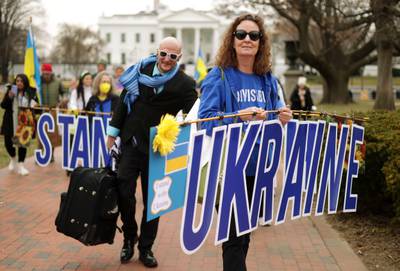 Demonstrators participate in a protest against Russia’s invasion of Ukraine at Lafayette Square in Washington. AFP