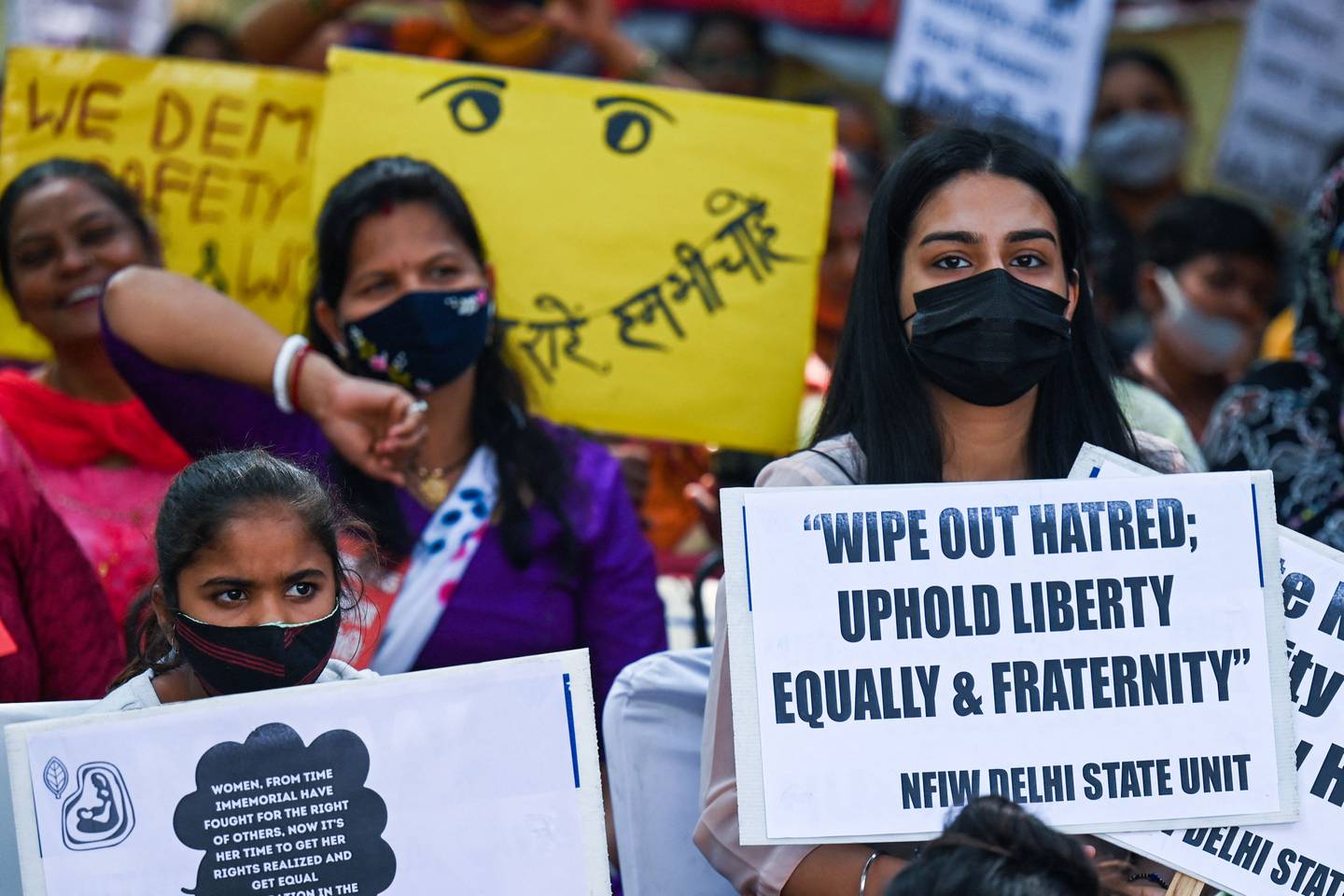 Protesters demand better women's rights during a demonstration on International Women's Day in New Delhi, India.  AFP