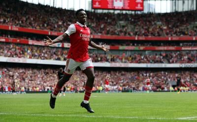Arsenal's Eddie Nketiah celebrates scoring their sixth goal. Action Images