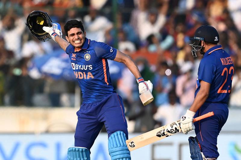 India's Shubman Gill celebrates after scoring a double century in the first ODI against New Zealand at the Rajiv Gandhi International Cricket Stadium in Hyderabad on Wednesday, January 18, 2023. AFP