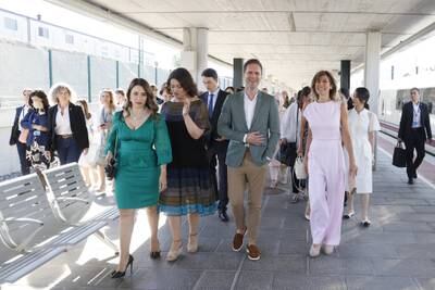 Maria Begona Gomez, wife of Spanish Prime Minister Pedro Sanchez, the first Lady of Lithuania, Diana Nausediene, first lady of Malta, Lydia Abela, and Gauthier Destenay, the husband of Luxembourg's Prime Minister, before a visit to the royal site of San Idelfonso in Segovia. EPA