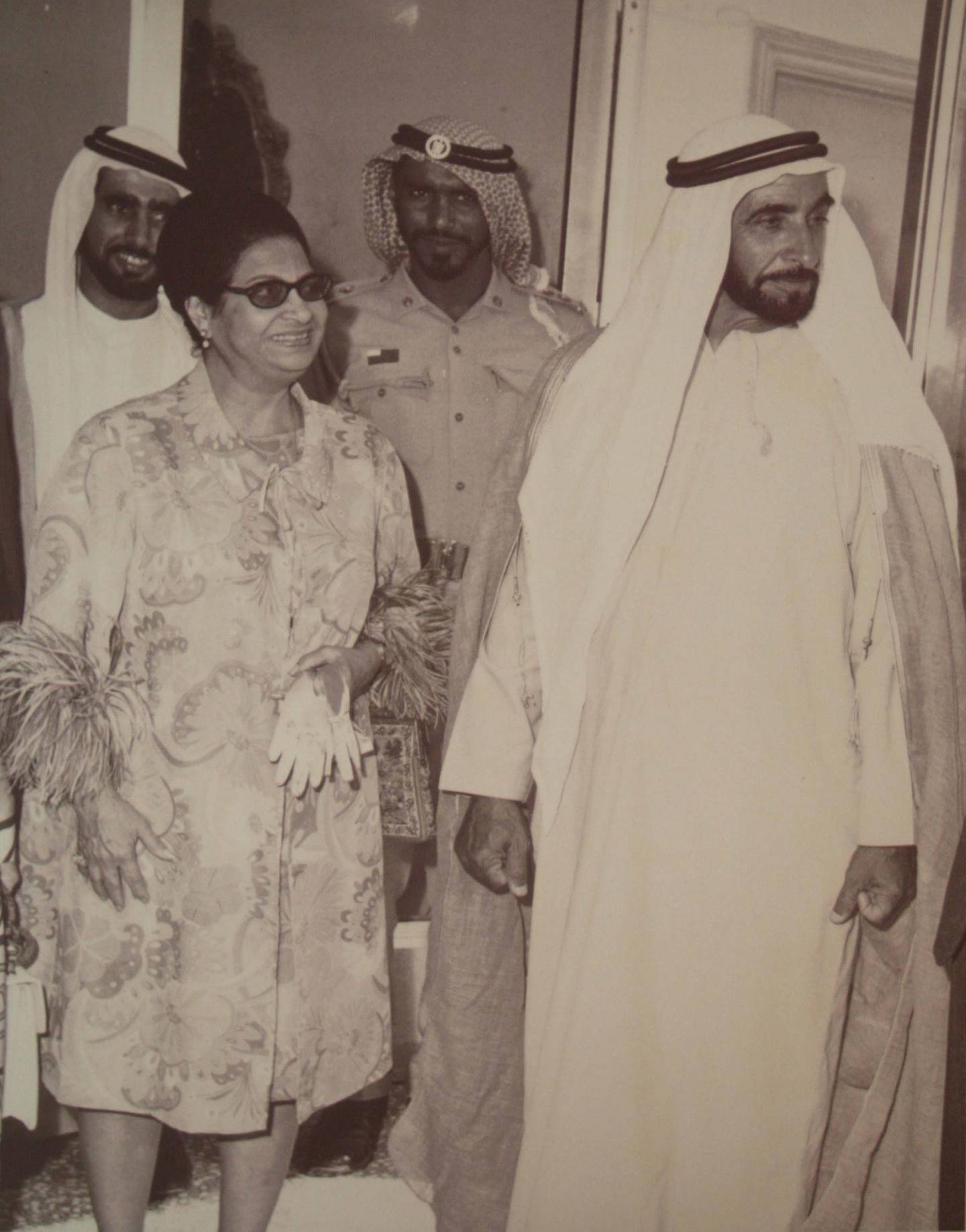 DUBAI.29th April 2008.Umm Kulthum  antique Indian pearl necklace at the Christie's Dubai Sale held at the Emirates Towers hotel. .Stephen Lock  /  The National. COPY PIC: Umm Kulthum with Sheikh Zayed (who gave her the necklace) taken in the early 1970's *** Local Caption *** SL-necklace-006.jpg