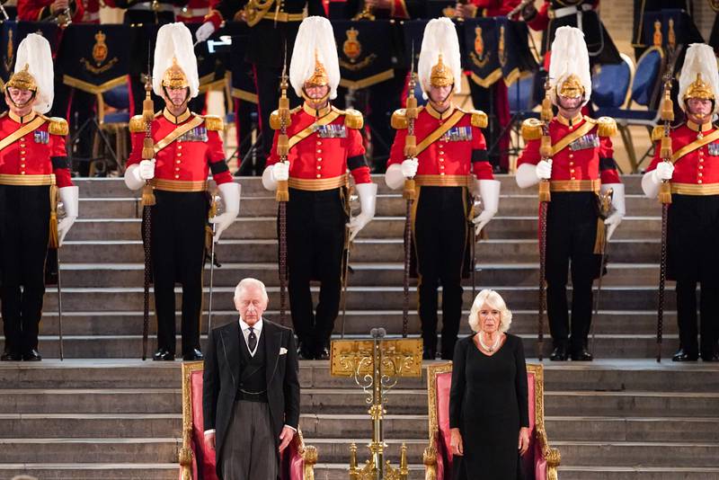King Charles and Queen Consort Camilla at Westminster Hall, London, where both Houses of Parliament met to express their condolences following the death of Queen Elizabeth. PA