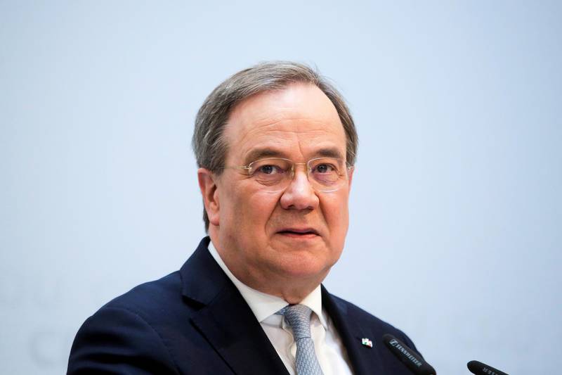 FILE PHOTO: German Christian Democratic Union Party Leader Armin Laschet briefs the media after a meeting of the party's board at the headquarters in Berlin, Germany, April 12, 2021. Markus Schreiber/Pool via Reuters/File Photo
