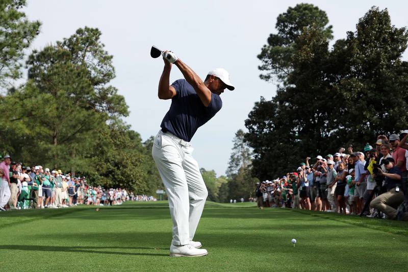 Tiger Woods plays his shot from the ninth tee during a practice round prior to The Masters. Getty