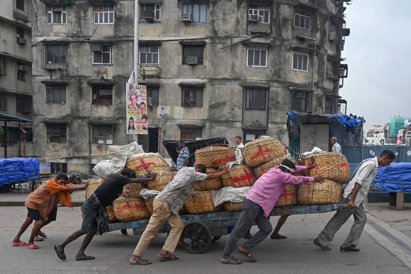 Labourers push a handcart loaded with baskets of fish from a port in Mumbai. AFP
