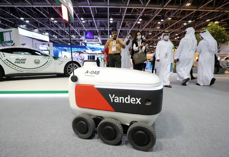 The Yandex delivery bot roaming at the RTA stand. The company's delivery robots are used by US food deliverers Grubhub on campus at Ohio State University, and also in Moscow and St Petersburg.