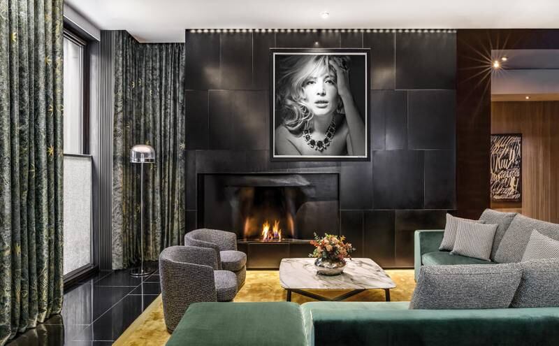 A view of a fireplace in the Bulgari Lounge.