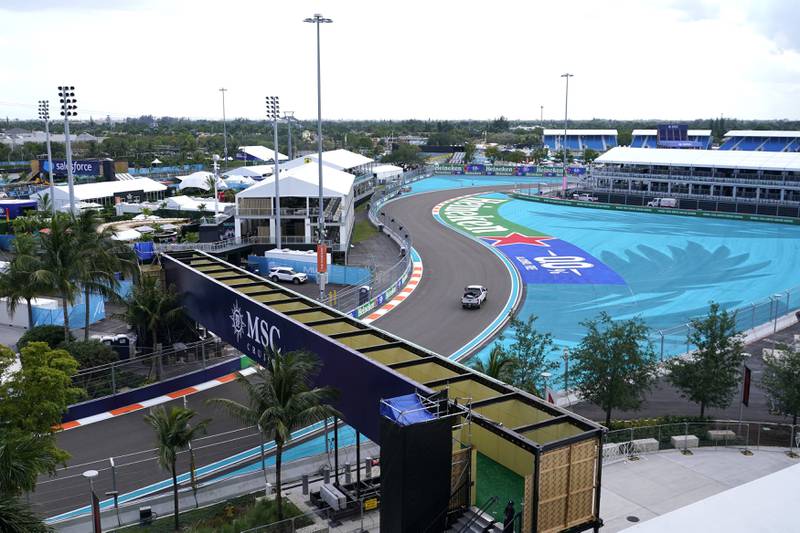 A truck drives on the track as work continues in advance of the Formula One Miami Grand Prix at Miami International Autodrome in Miami Gardens, Florida. 