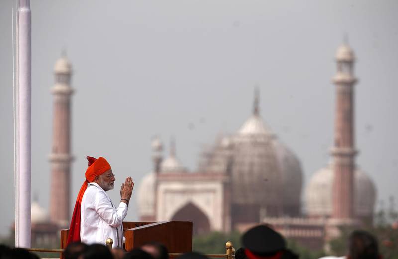 Indian Prime Minister Narendra Modi greets the crowd before addressing the nation during Independence Day celebrations at the historic Red Fort in Delhi, India, on August 15, 2018. Reuters