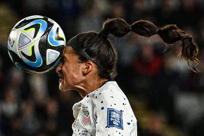 USA's forward #11 Sophia Smith heads the ball during the Australia and New Zealand 2023 Women's World Cup Group E football match between Portugal and the United States at Eden Park in Auckland on August 1, 2023.  (Photo by Saeed KHAN  /  AFP)