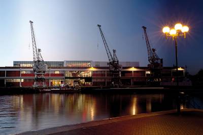 BRISTOL, UNITED KINGDOM - OCTOBER 19: (This image has been digitally manipulated) Composite image of the cargo cranes and M Shed on Bristol docks transitioning from day into night, taken on October 19, 2012. (Photo by Claire Gillo/PhotoPlus Magazine/Future via Getty Images)