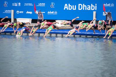 ABU DHABI, UNITED ARAB EMIRATES - MARCH 03, 2018.Athletes begin the Elite Men Abu Dhabi Triathlon with the 750m swim.(Photo: Reem Mohammed/ The National)Reporter: AMITH PASSATHSection: SP