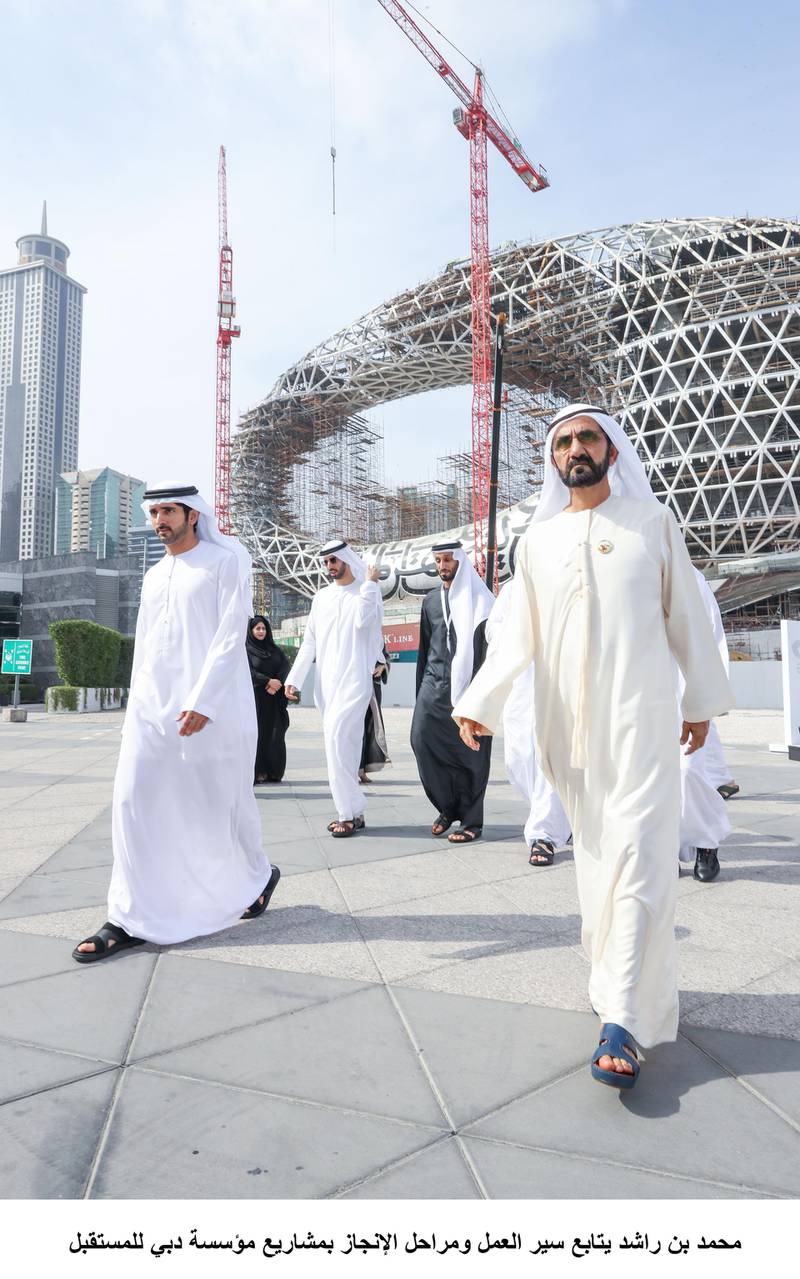 Sheikh Mohammed bin Rashid, Vice President and Ruler of Dubai, and Sheikh Hamdan bin Mohammed, Crown Prince of Dubai, visit the construction site for the Museum of the Future. Wam