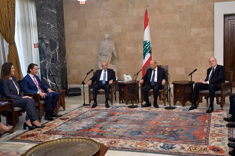 Lebanon President Michel Aoun, second right, parliament speaker Nabih Berri, centre, and Lebanon prime minister-designate Najib Mikati, right, in talks with US adviser for energy security Amos Hochstein, second left, and US ambassador to Lebanon, Dorothy Shea, left, in Baabda, Lebanon. EPA