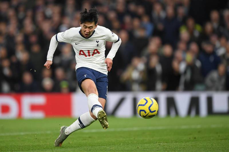LONDON, ENGLAND - DECEMBER 07: Heung-Min Son of Tottenham Hotspur scores his team's third goal during the Premier League match between Tottenham Hotspur and Burnley FC at Tottenham Hotspur Stadium on December 07, 2019 in London, United Kingdom. (Photo by Shaun Botterill/Getty Images)