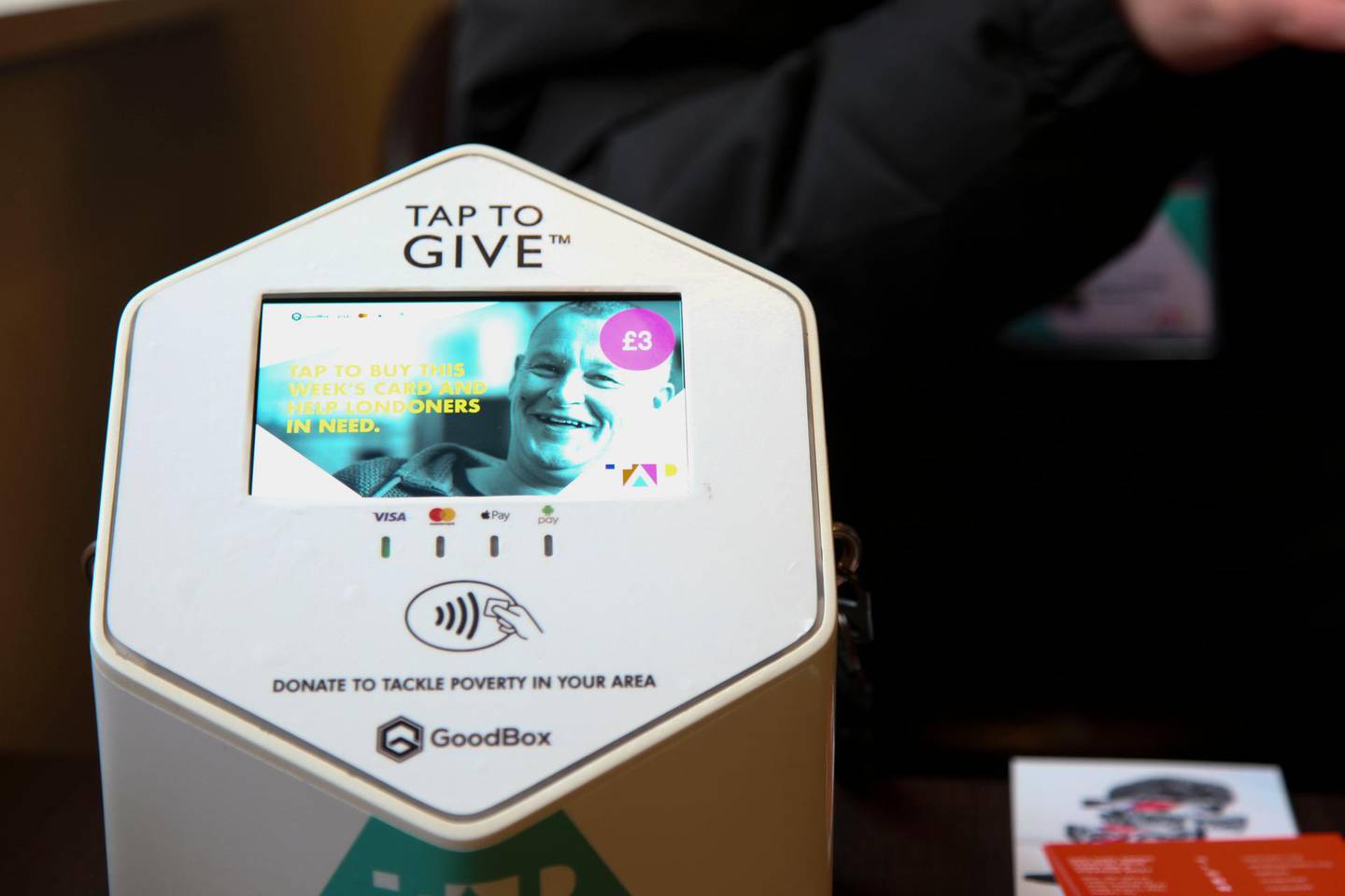 The contactless payment machine used by TAP London vendors to take donations for homeless people in London United Kingdom on January 4, 2018. Thomson Reuters Foundation / Cormac O'Brien
