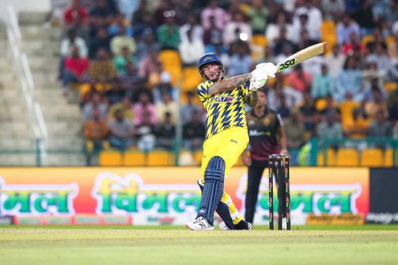 Alex Hales hit 44 to guide Team Abu Dhabi to an eight-wicket win over Northern Warriors in the Abu Dhabi T10 at the Zayed Cricket Stadium on Saturday, November 27, 2022. - T10