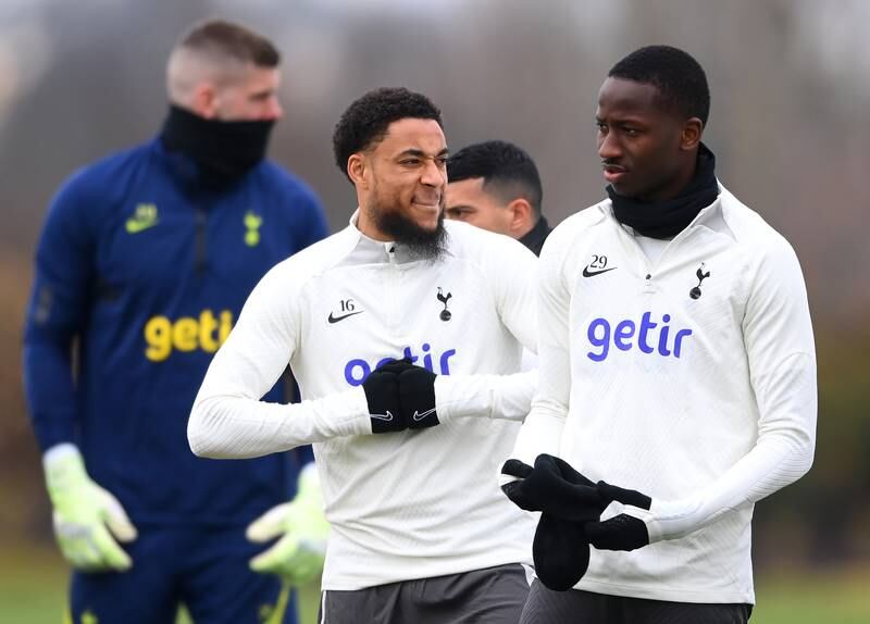 Arnaut Danjuma of Tottenham Hotspur, centre, looks on during a  training session ahead of their Champions League match against AC Milan. Tottenham trail the Italian 1-0 from the first leg. Getty Images