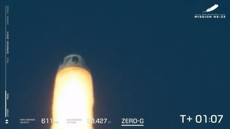The image shows the Blue Origin crew capsule automatically separating from the rocket booster after an anamoly. Photo: Blue Origin livestream