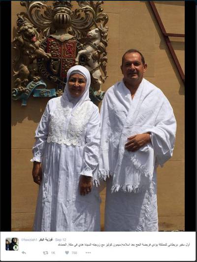 The photograph tweeted by Fawziah Albakr of British ambassador to Saudi Arabia, Simon Collis and his wife Huda Al Mujarkech outside the British consulate in Mecca as they prepare to go on Haj. 