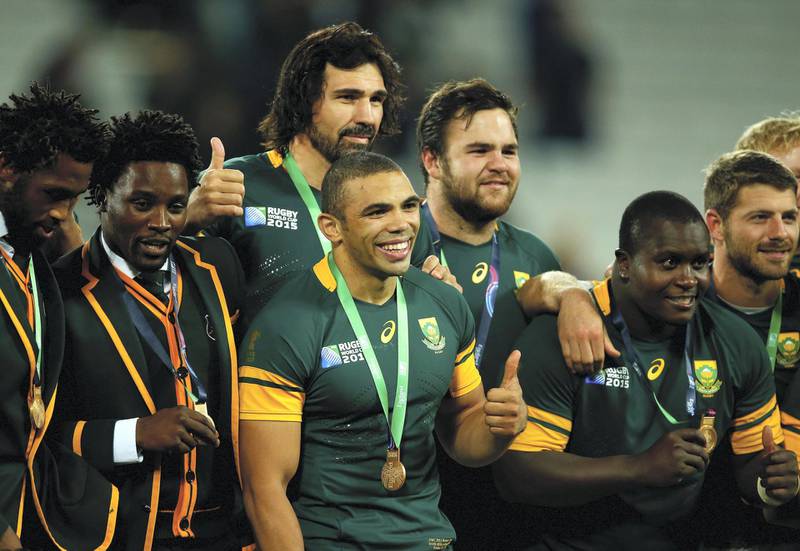 LONDON, ENGLAND - OCTOBER 30:  Victor Matfield and Bryan Habana of South Africa give the thumbs up as they pose with their bronze medal after during the 2015 Rugby World Cup Bronze Final match between South Africa and Argentina at the Olympic Stadium on October 30, 2015 in London, United Kingdom.  (Photo by Mike Hewitt/Getty Images)