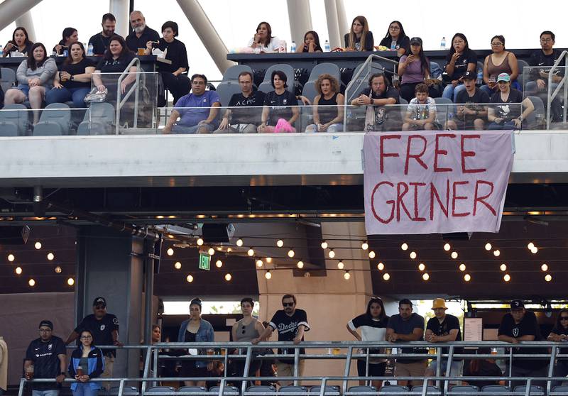 A sign for Griner is displayed during a game between Portland Thorns FC and Angel City FC at Banc of California Stadium in Los Angeles, California. Getty Images / AFP
