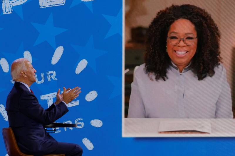 Democratic U.S. presidential nominee and former Vice President Joe Biden takes part in a virtual Get Out the Vote event with Oprah Winfrey in Wilmington, Delaware, U.S., October 28, 2020. REUTERS/Brian Snyder