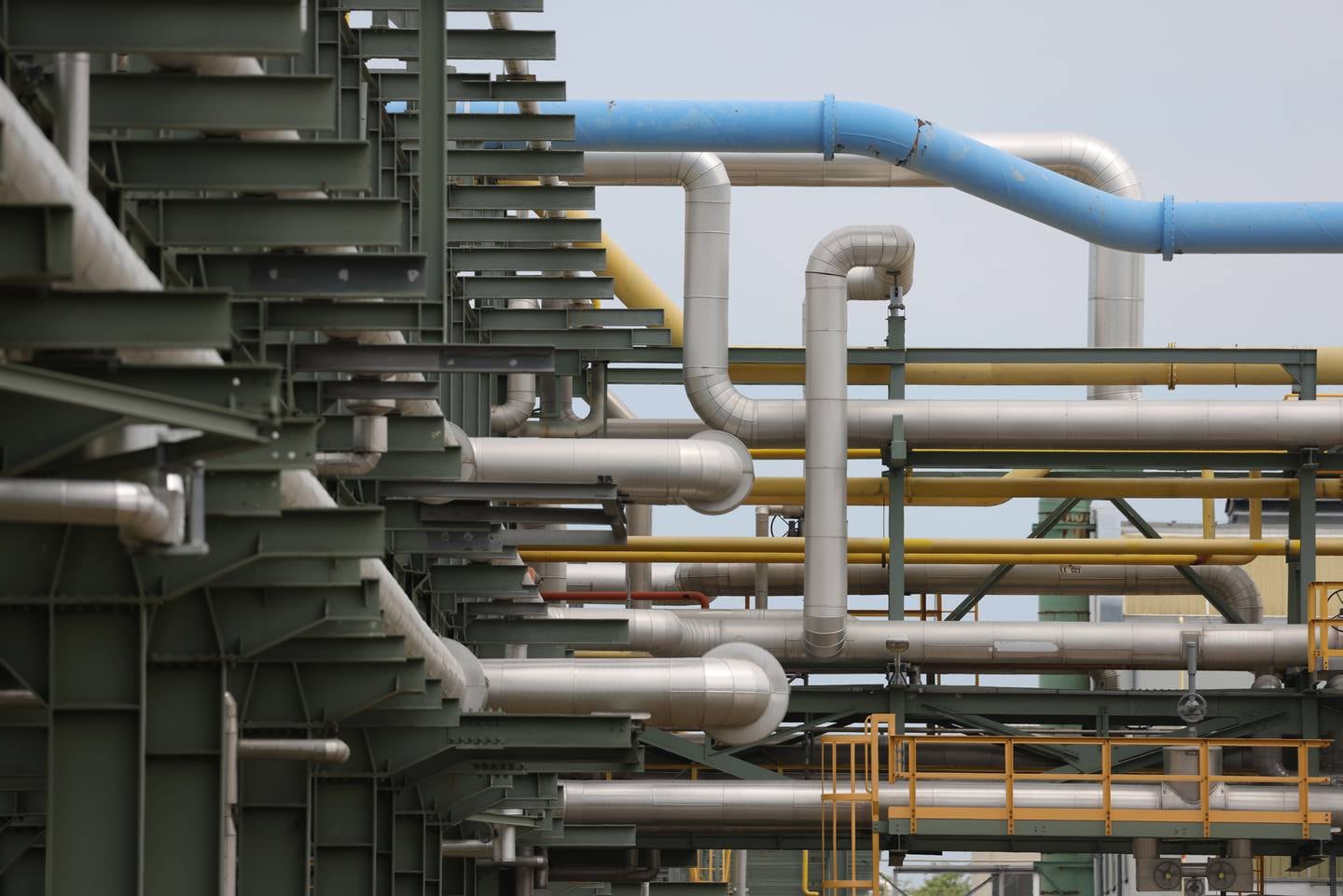 Pipes carrying a variety of substances, including hydrogen, steam, nitrogen and others, at the Leuna refinery and chemical park in Germany. Getty