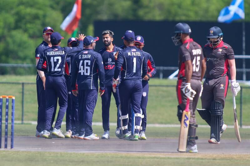 United States' players celebrate after Ali Khan dismissed Muhammad Waseem for a duck. 