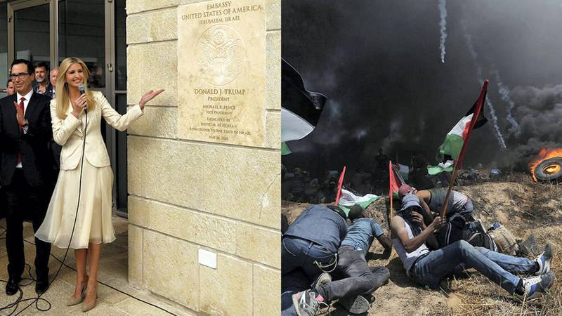 Senior White House Adviser Ivanka Trump and US Treasury Secretary Steven Mnuchin at the dedication plaque as the US embassy opened in Jerusalem on May 14, 2018, but in Gaza, protests against the embassy's relocation from Tel Aviv to the holy city left more than 55 dead, as Israeli armed forces fired and dispersed tear gas against demonstrators. Ronen Zvulun and Ibraheem Abu Mustafa / Reuters