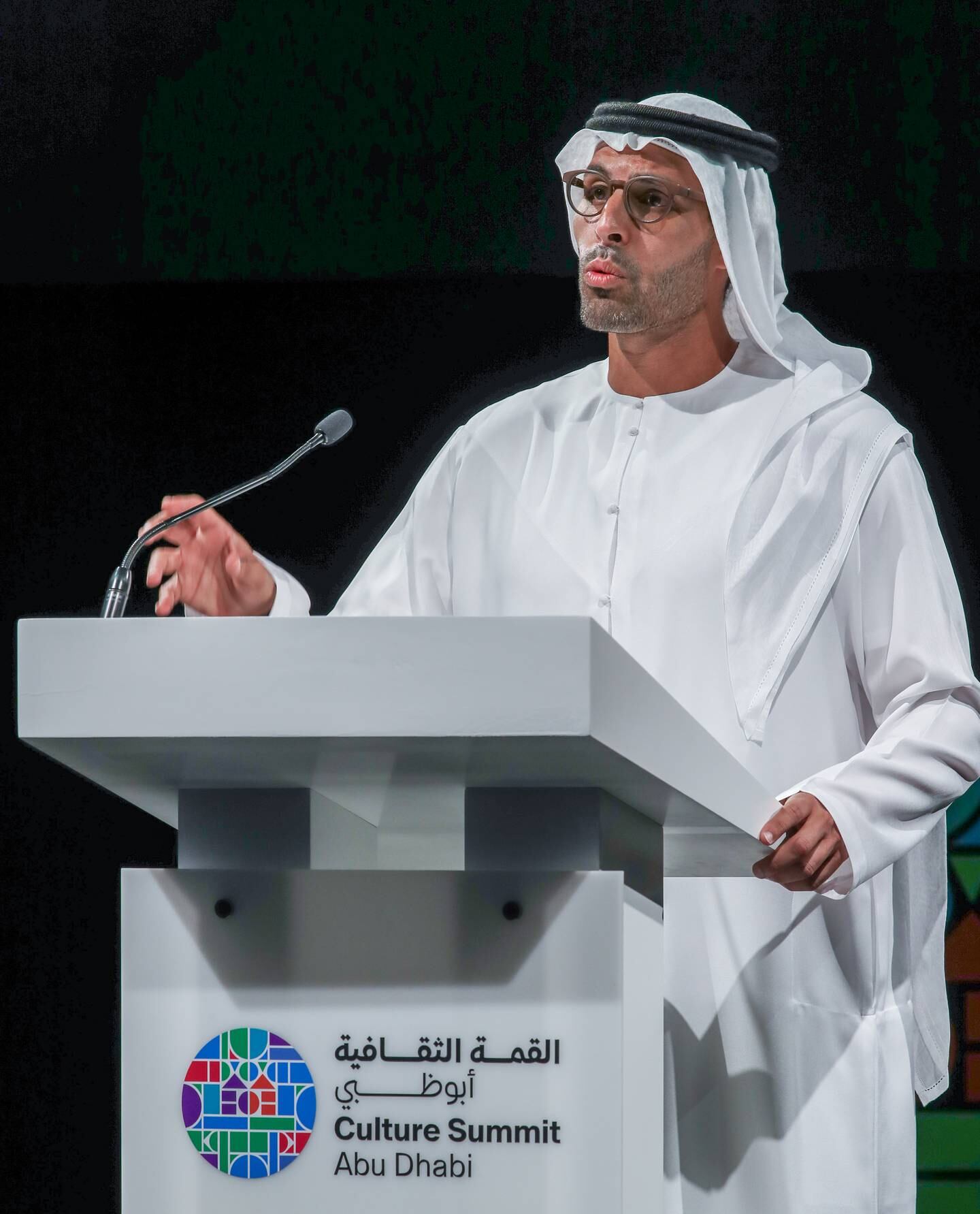 Mohamed Khalifa Al Mubarak, chairman of DCT Abu Dhabi, delivers his opening remarks at the Culture Summit Abu Dhabi 2022. Victor Besa / The National