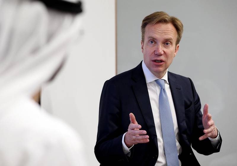 Dubai, March, 28, 2019: Borge Brende, President, World Economic Forum gestures during the media conference at the opening of the Centre for the Fourth Industrial Revolution (4IR)In Dubai. Satish Kumar/ For the National