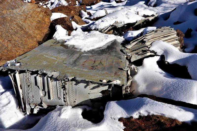 The wreckage of the C-46 aircraft on a snow-covered mountain side in the north-eastern state of Arunachal Pradesh in India. AFP