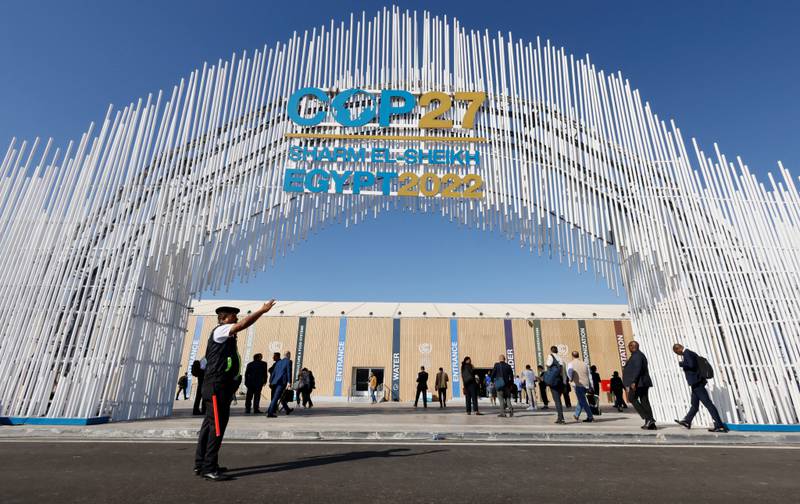 A police officer stands at the entrance of the Sharm El Sheikh International Convention Centre during Cop27. Reuters