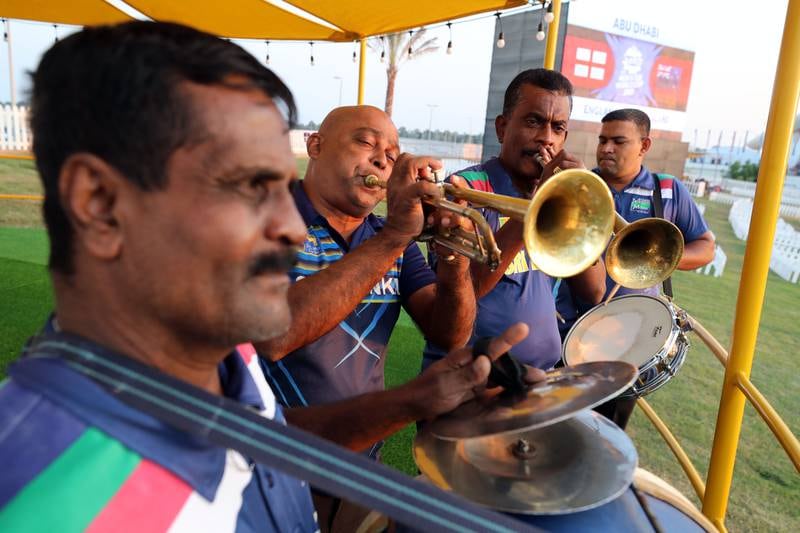 Four members of the papare band who have come from Sri Lanka perform before the T20 World Cup semi-final between England and New Zealand at Zayed Cricket Stadium in Abu Dhabi on Wednesday. All photos: Chris Whiteoak / The National