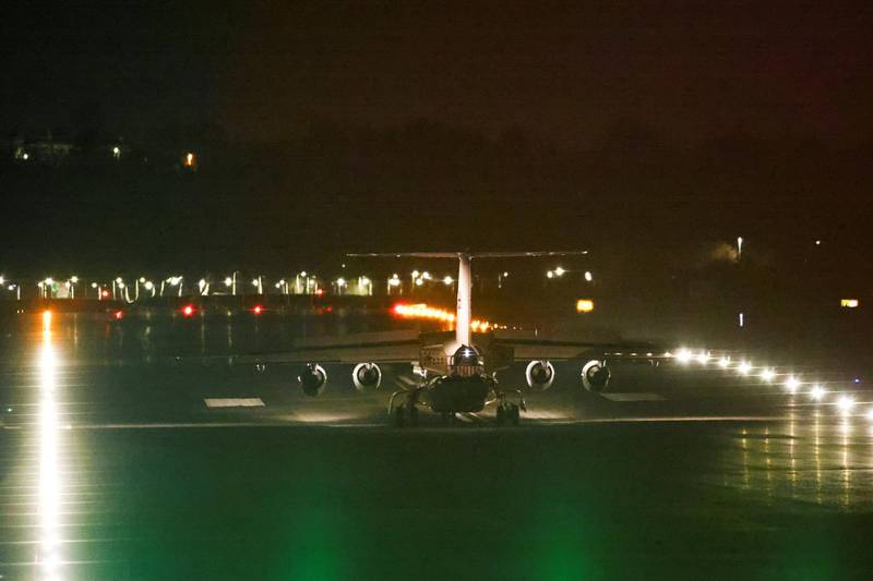 An airplane carrying Boris Johnson is seen on the tarmac as he arrives from Brussels at RAF Northolt near London. Reuters