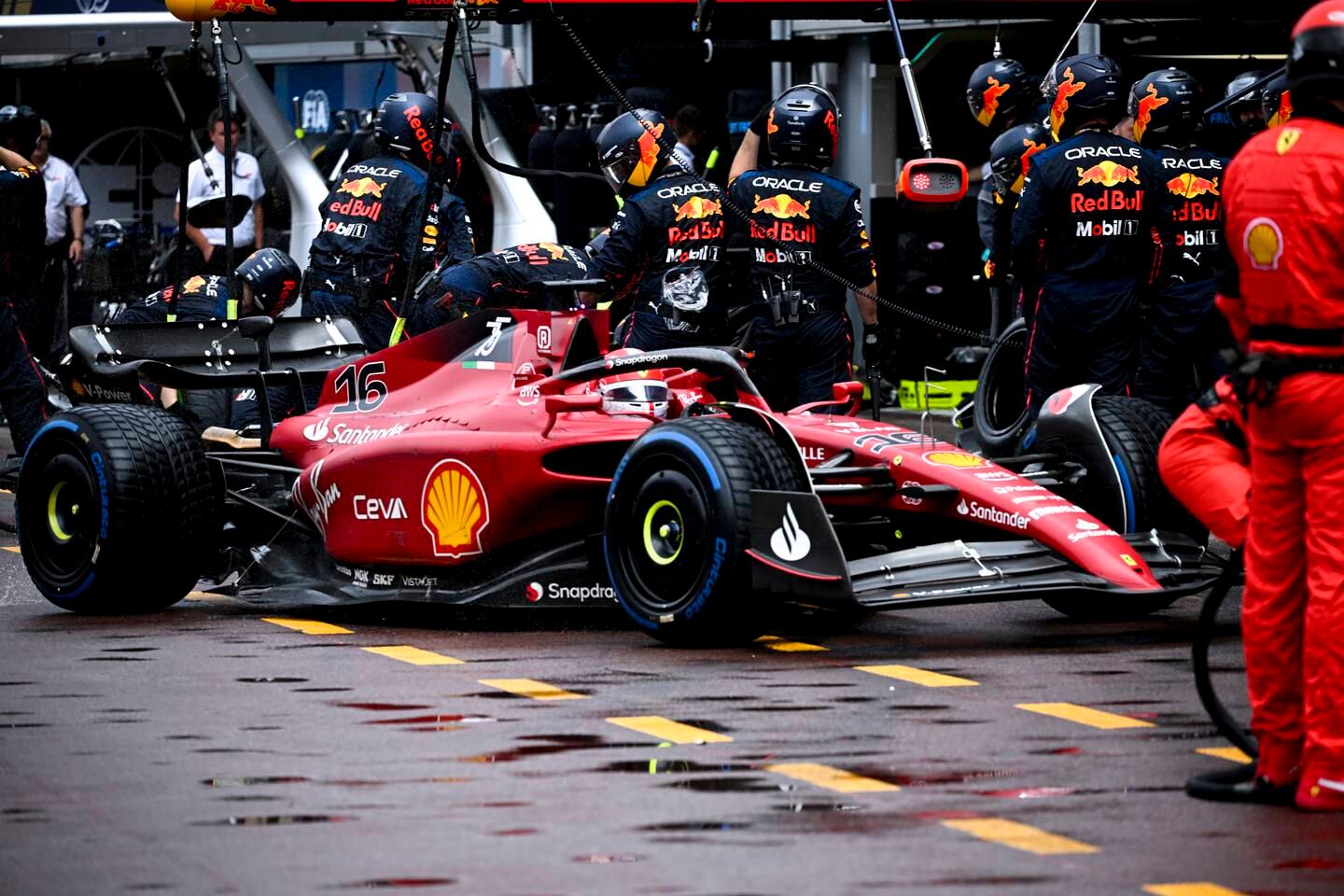 Ferrari's Charles Leclerc takes a pitstop. EPA
