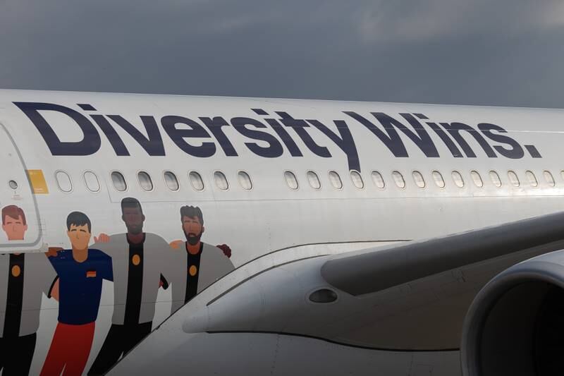 The Lufthansa livery promotes diversity. Getty