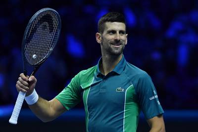Novak Djokovic celebrates his win over Holger Rune at the ATP Finals in Turin. AFP