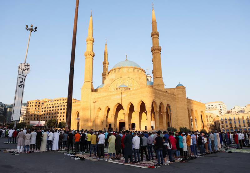 Muslims pray outside Al Amin Mosque in Beirut on the first day of Eid Al Adha. Reuters