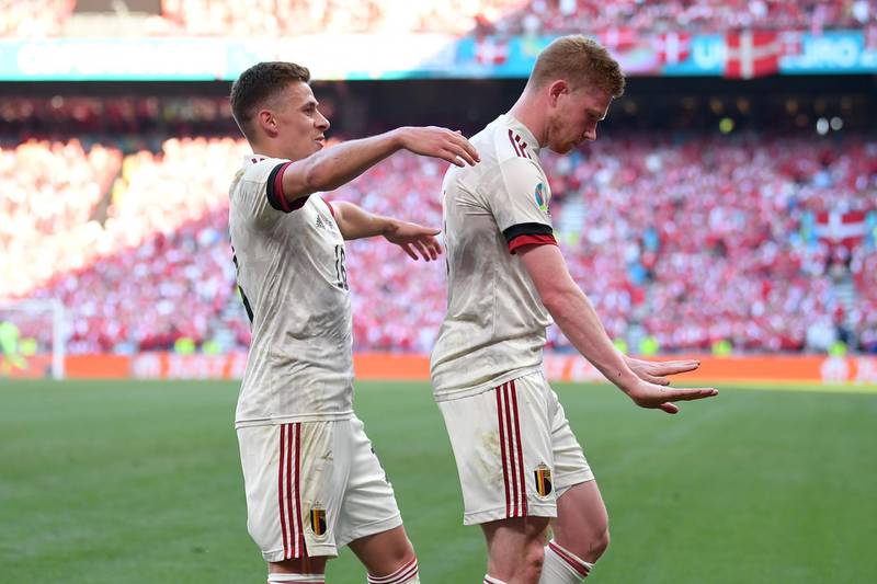 Kevin De Bruyne of Belgium celebrates with Thorgan Hazard after scoring their side's second goal during the Euro 2020 match against Denmark on Thursday, June 17, 2021 in Copenhagen. Getty