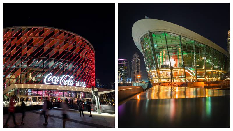 Coca-Cola Arena, left, and Dubai Opera have announced new shows for the autumn season. Chris Whiteoak / The National; Alamy Stock Photo