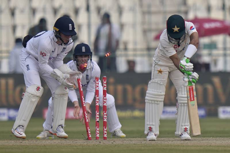 Pakistan batter Muhammad Rizwan is bowled by England's Jack Leach for 10. AP