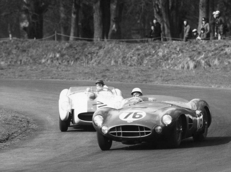 Stirling Moss, driving an Aston Martin, while practising at Oulton Park in Cheshire for the British Empire Trophy in 1958 . PA