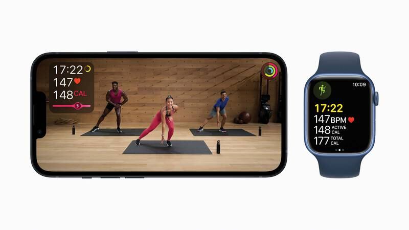 Fitness+ features studio-style workouts with users able to see their Apple Watch metrics on screen in real time